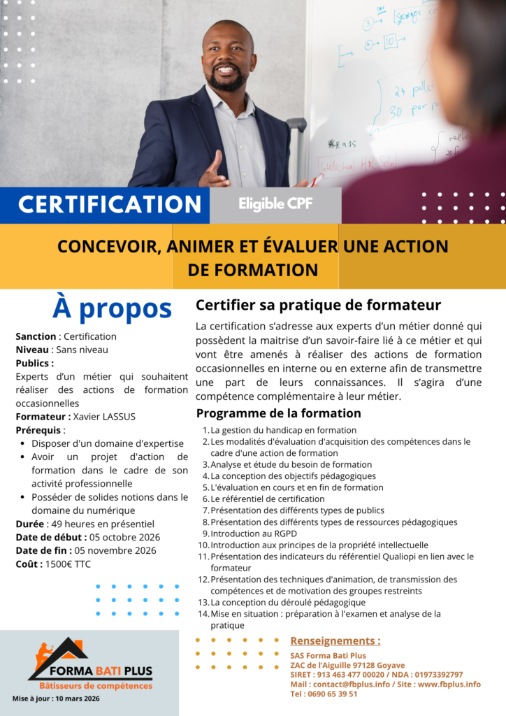 Flyer de présentation de la formation "Concevoir, animer et évaluer une action de formation